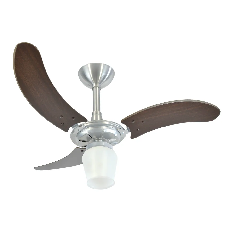 Plafon Pêra 2000 – Corpo escovado · 3 pás MDF tabaco