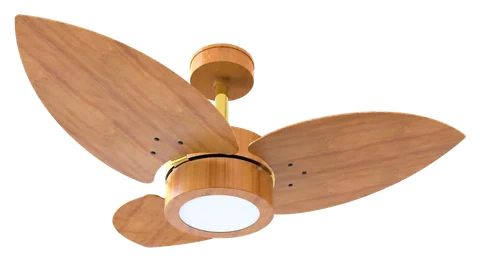 Ventilador de teto Lótus LED Madeira 1061 – corpo dourado · 3 pás MDF freijó
