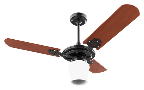 Ventilador de teto Joy 2001 – corpo preto brilho · 3 pás MDF mogno