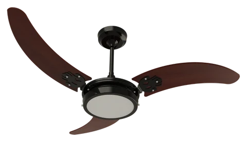 Ventilador de teto Soft LED 2002 – corpo preto brilho · 3 pás MDF tabaco